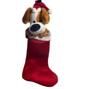 Vtg Gemmy Plush Puppy 3D Animated Christmas Stocking 23in Sings Ears Move  VIDEO